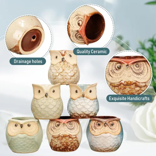 Miniatura 3 de Nitial - Juego de 24 macetas de cerámico para suculentas con forma de búho, mini macetas pequeñas con agujeros de drenaje, lindas macetas