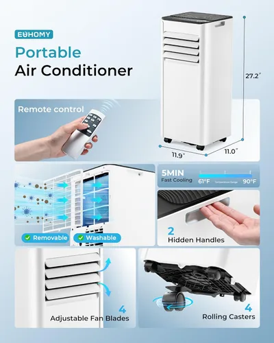 Miniatura 9 de EUHOMY Aire acondicionado portátil de 8,000 BTU, unidad de CA portátil 3 en 1 con refrigeración, deshumidificador, ventilador, modo de suspensión