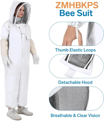 Miniatura 2 de Trajes de abeja para hombres y mujeres, a prueba de picaduras, traje de apicultura con guantes de apicultura y capucha de velo (blanco)