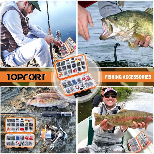 Miniatura 7 de TOPFORT Kit de 187/343 piezas de accesorios de pesca, Caja de aparejos de pesca organizada con aparejos incluidos, anzuelos de pesca, pesas de Kit