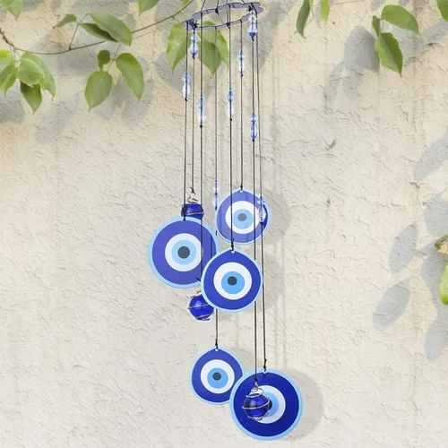 Miniatura 6 de YU FENG Carillón de viento con ojo maligno azul para exteriores, adorno colgante de 19" de metal, campanillas de viento para jardín al aire libre