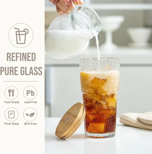 Miniatura 4 de SoulTimes Vaso de vidrio de flor de begonia de 20 onzas con tapas y popotes, 2 tazas de vidrio para café helado para batidos, matcha, jugo, agua