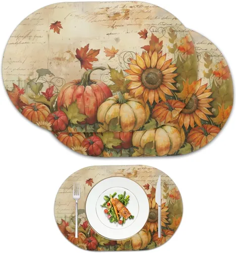 Miniatura 49 de Non Slip Placemats Set of 6 Pumpkin Mushroom Theme Waterproof Wipeable Faux Leather for Thanksgiving Family Feast Heat Resistant Dining Table Mats