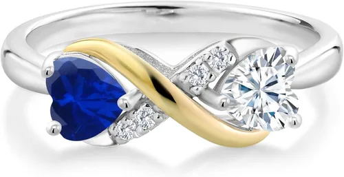 Miniatura 2 de Anillo de plata de ley 925 y oro amarillo de 10 quilates con forma de corazón azul creado y moissanita clásica para siempre de Charles & Colvard