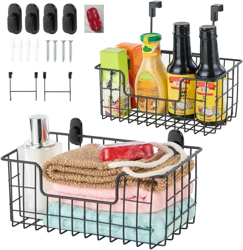 JUNCHU CHERRY Cesta de almacenamiento de alambre, paquete de 2 unidades, montado en pared para cocina, baño, cesta de almacenamiento colgante para