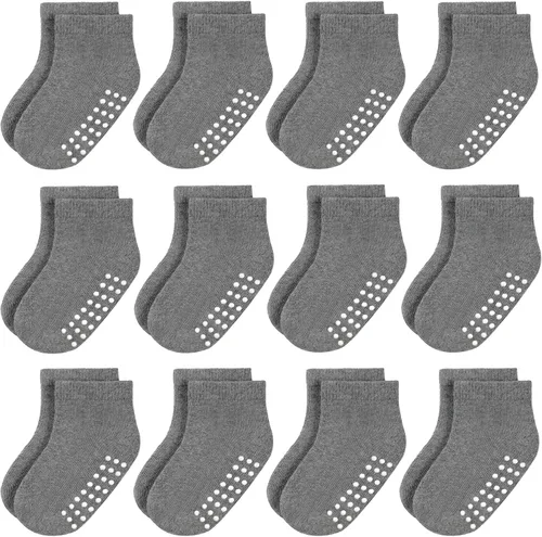 Miniatura 12 de JAKIDAR 12 pares de calcetines antideslizantes de algodón para niños y niñas, suela antideslizante para bebés y niños