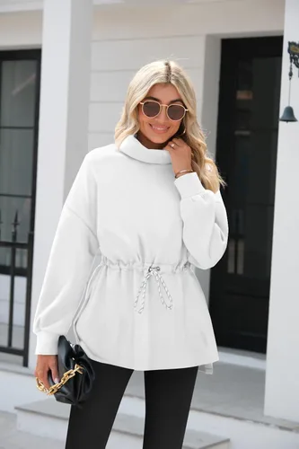 Miniatura 5 de Doshoop Sudaderas de cuello alto para mujer, de manga larga, con abertura lateral, con cordón en la cintura