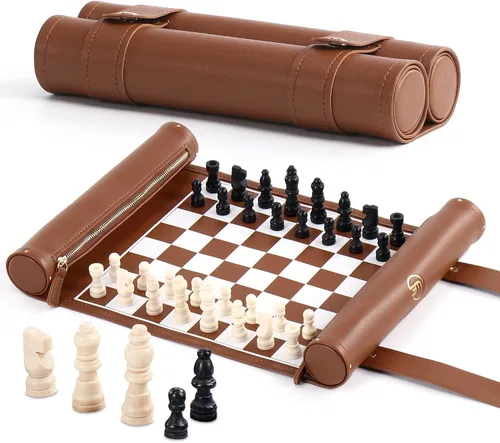 Miniatura 9 de Juego de ajedrez enrollable, tapete de ajedrez plegable de cuero de 11 pulgadas con piezas de ajedrez de madera, juego de ajedrez de viaje portátil