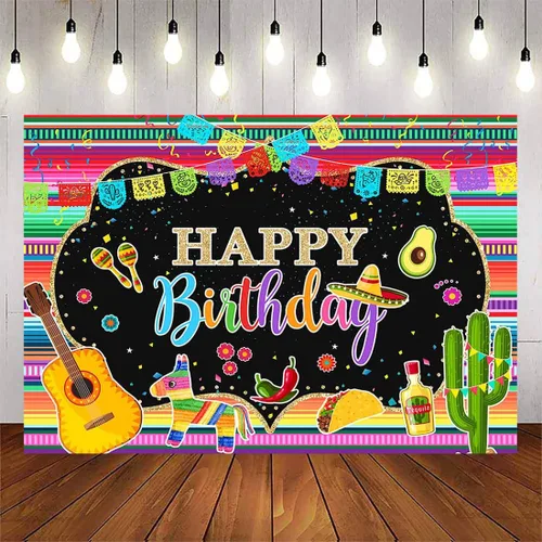 Avezano Telón de fondo para fiesta de cumpleaños con temática mexicana, fondo de fotografía de feliz cumpleaños, guitarra mexicana, cactus, taco,