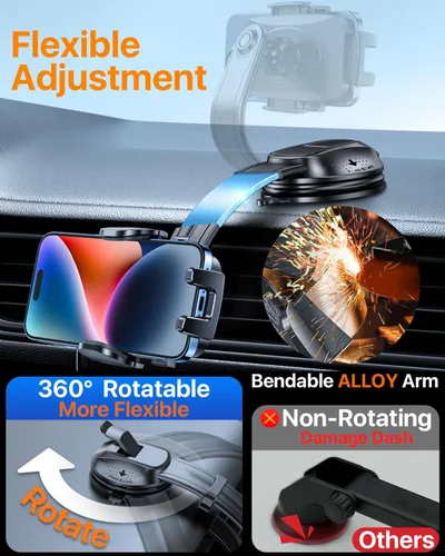 Miniatura 4 de HTU Soporte de teléfono de automóvil con succión más fuerte mejorado, brazo flexible, soporte giratorio para teléfono celular para salpicadero, Negro