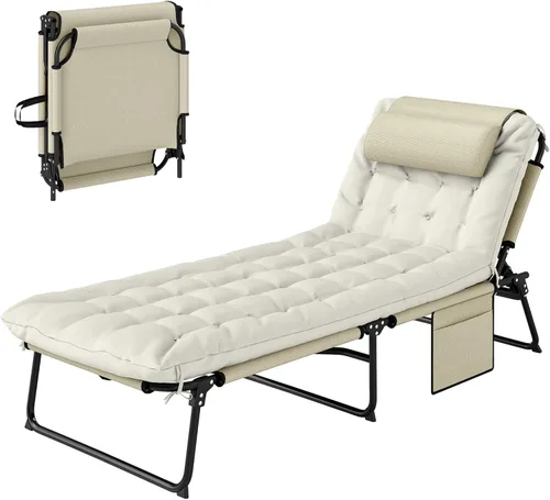 Outsunny Tumbona plegable con respaldo reclinable de 4 niveles, silla de bronceado al aire libre con cojín, silla de salón al aire libre con tela de