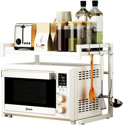 Miniatura 13 de PUSDON Estante para horno microondas negro texturizado, organizador de encimera de cocina expandible de 2 niveles, soporte de acero al carbono