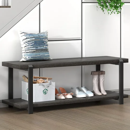 Miniatura 4 de FOLUBAN Banco de almacenamiento de zapatos de 47 pulgadas, banco de entrada de madera rústica y metal para pasillo, puerta delantera, zapatero