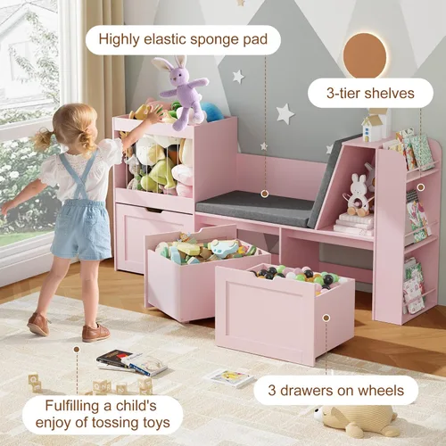 Miniatura 3 de Rincón de lectura para niños de 66.9 pulgadas, organizador de almacenamiento de juguetes con almacenamiento de animales de peluche, banco y cojines