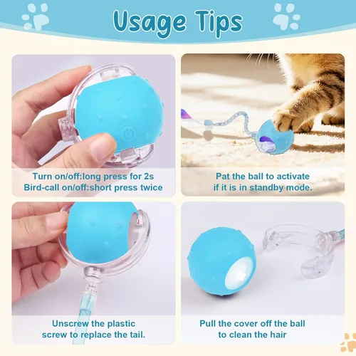 Miniatura 7 de Pelota de juguete motorizada inteligente interactiva para gatos, 2 colas y 2 velocidades, juguete de juego automático activado por movimiento