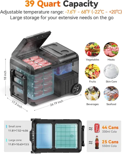 Miniatura 2 de WOLFBOX Refrigerador de coche de 12 V, refrigerador de coche de doble zona de 39 cuartos de galón, congelador portátil (-8 ℉ ~ 68 ℉) con 12/24 V CC
