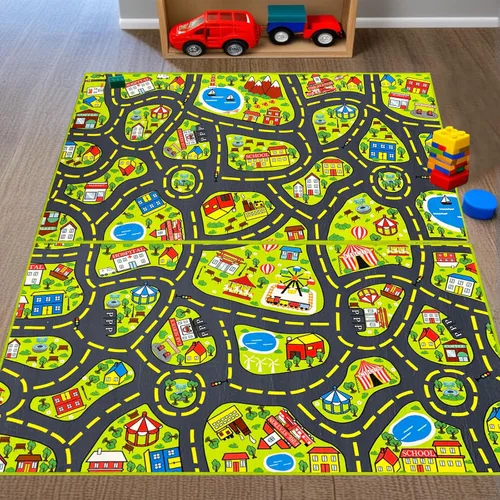 Alfombra de juego para niños (2.6 x 5 pies), 2 unidades, alfombra de carretera para niños, alfombra de mapa de ruta de la ciudad, alfombra de