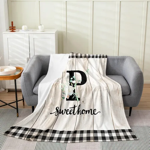 Miniatura 15 de Erosebridal Flower Initial S Flannel Blanket White Floral Flowers Fleece Blanket,40"X50",Personalized Letters Fuzzy Plush Throw for Sofa Beige Negro