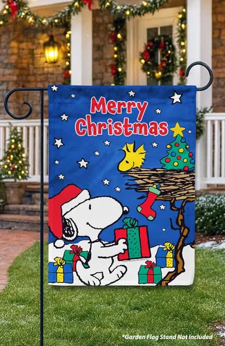 Miniatura 3 de Flagology, PEANUTS Merry Christmas Snoopy and Woodstock - Bandera de jardín de 12 x 18 pulgadas, bandera para exteriores, tela exclusiva de primera