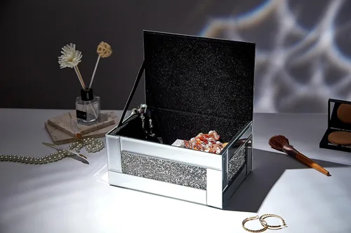 Miniatura 5 de BANQLE Caja de joyería caja de reloj organizador de maquillaje con espejo para tocador caja de tocador de cristal diamante triturado plateado