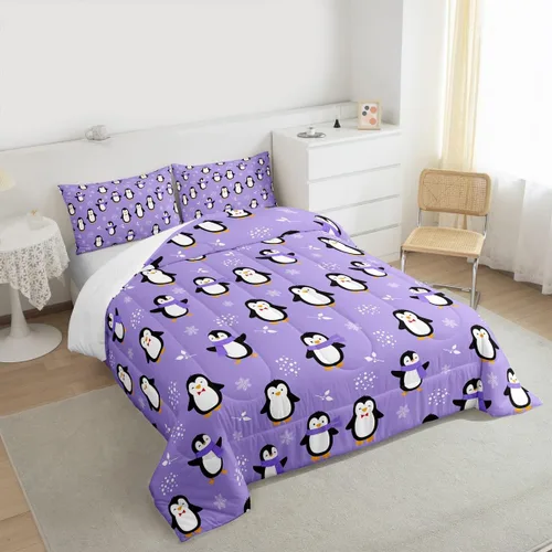 Miniatura 3 de Juego de edredón de pingüino, tamaño matrimonial, edredón de plumón de pingüino kawaii, juego de ropa de cama de animales antárticos para niños