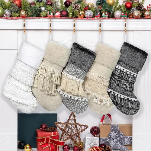 BHD BEAUTY 2025 New Farmhouse Bohemian Style Christmas Stocking Set of 5 Tassel Xmas Stocking Boho Macrame Decorations Mantel Hanging Ornament for