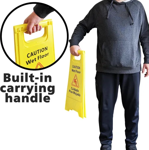 Miniatura 4 de Paquete de 3 carteles de precaución para suelo húmedo, bilingües (Cuidado Piso Mojado), 2 pies de alto, doble cara, color amarillo de alta