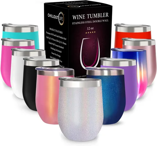 Miniatura 43 de CHILLOUT LIFE Vasos Térmicos de Vino de Acero Inoxidable de 12 oz Paquete de 2 - Vasos de Vino con Aislamiento al Vacío de Doble Pared con Tapas