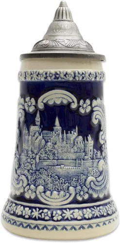 OktoberfestHaus - Jarra de cerveza con tapa de Schloss alemán (castillo), color azul cobalto, pintada a mano, grabada, jarras de cerveza, jarras de