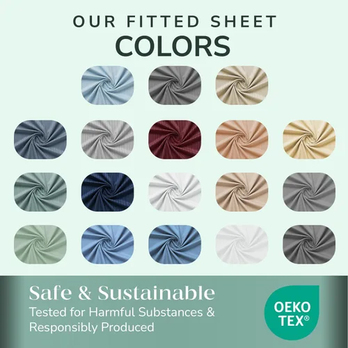 Miniatura 7 de Feather & Stitch - Sábana bajera ajustable de 100 % algodón, tejido satén de damasco, transpirable a rayas, sábana elástica para colchón de 18