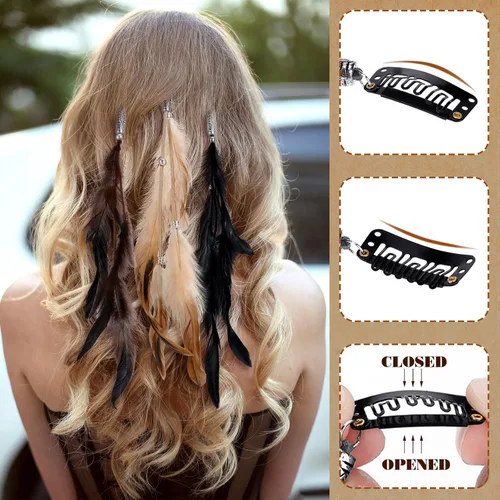 Miniatura 4 de XunYee Paquete de 3 pinzas para el pelo de plumas de Halloween, 1 diadema de plumas bohemias, extensión de pelo hippie con clip de peine
