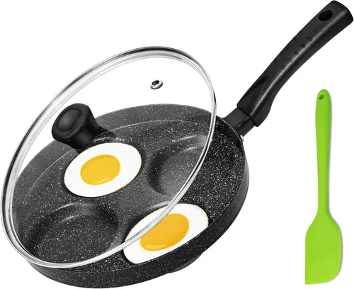 Sartén para huevos MyLifeUNIT, sartén antiadherente de 4 tazas para huevos fritos, sartén de aluminio para huevos con tapa y espátula