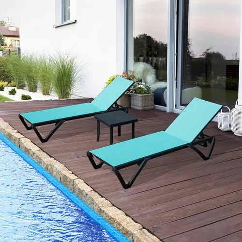 Miniatura 13 de Domi - Juego de 3 tumbonas para patio, sillas de aluminio de polipropileno para exteriores con 5 posiciones ajustables, mesa auxiliar para playa
