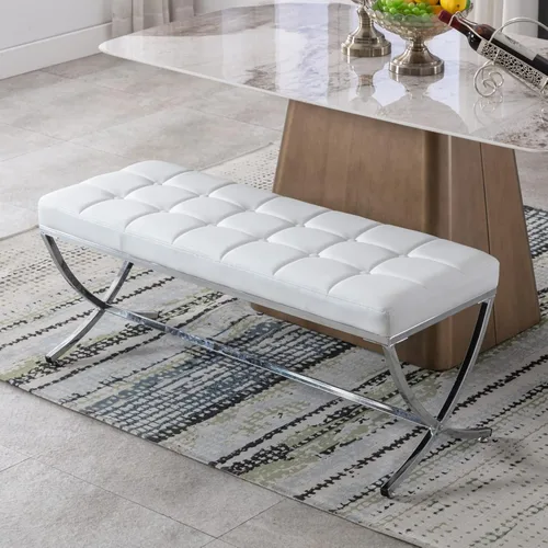 Miniatura 9 de LukeAlon Moderno banco de comedor de piel sintética, banco otomano con botones copetudos con acabado cromado en forma de X, banco tapizado