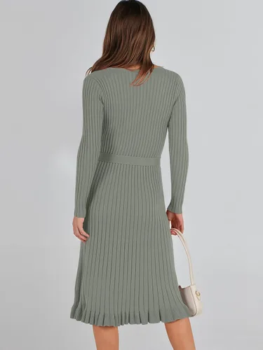 Miniatura 4 de ANRABESS Vestido tipo suéter de manga larga con cuello en V para mujer, plisado, ajustado, acanalado, de punto, con cinturón
