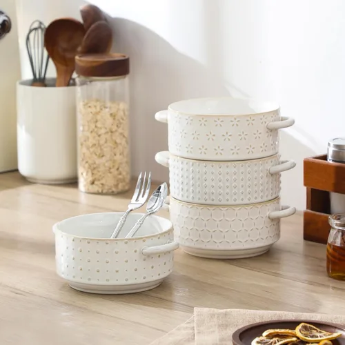 Miniatura 8 de MALACASA Juego de 4 cuencos de cerámica de 20 oz con asas – Cuencos de sopa de cebolla francesa aptos para horno y microondas, patrones únicos