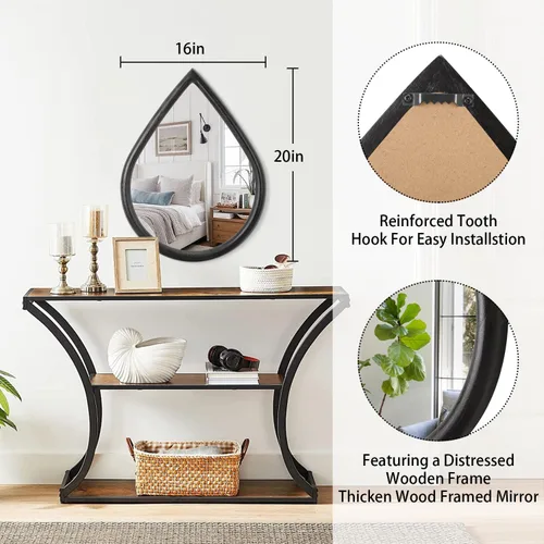 Miniatura 5 de Espejo con marco de madera, espejo de pared con forma de lágrima negra, espejo de pared rústico decorativo irregular para baño, sala de estar