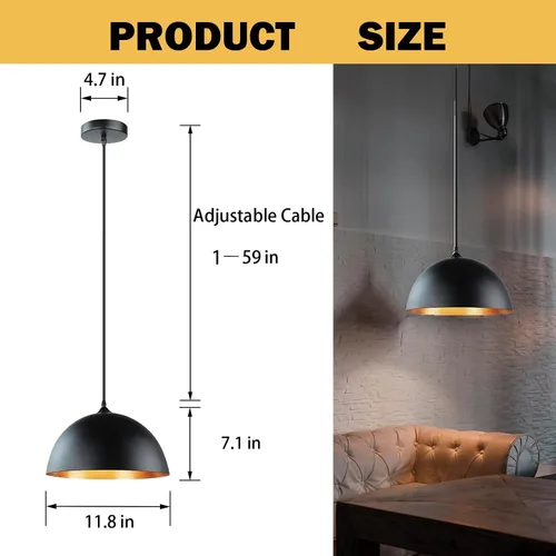 Miniatura 3 de Takor Paquete de 3 lámparas colgantes de metal, luces de techo rústicas, lámpara colgante ajustable industrial con base E26, iluminación colgante
