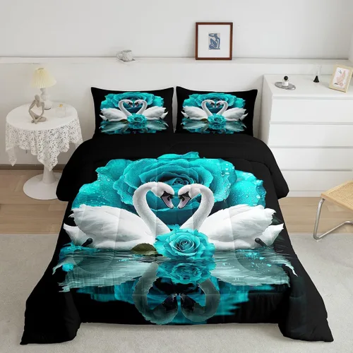 Miniatura 34 de Erosebridal Juego de ropa de cama de guepardo con rosa azul, juego de edredón con estampado de leopardo y gato, edredón romántico de plumón