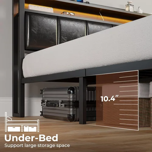 Miniatura 5 de Rolanstar Armazón de Cama Tamaño Queen con Estación de Carga y Luces LED, Cabecera de Cuero PU con Estantes de Almacenamiento, Listones de Metal