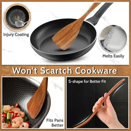 Miniatura 5 de Pleafind Juego de utensilios de madera de teca natural, 9 piezas, cucharas de madera para cocinar, juego de utensilios de cocina de madera