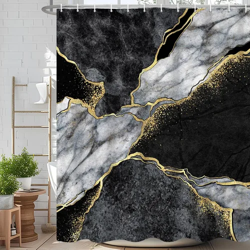 Miniatura 61 de Cortina de ducha abstracta de mármol negro gris y dorado con grietas, cortina de baño moderna ombre impresa, cortina impermeable y lavable de tela