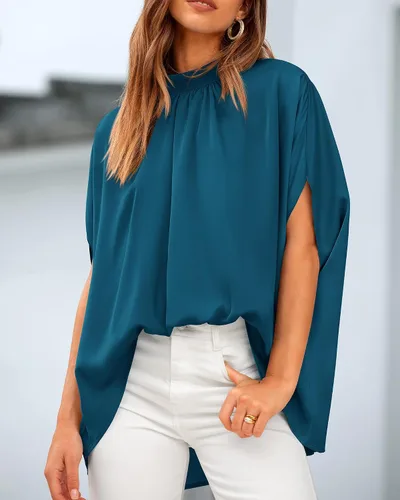 Miniatura 31 de BTFBM Blusas de verano para mujer, cuello alto falso, manga murciélago, holgadas, dobladillo alto y bajo, blusas informales de gran