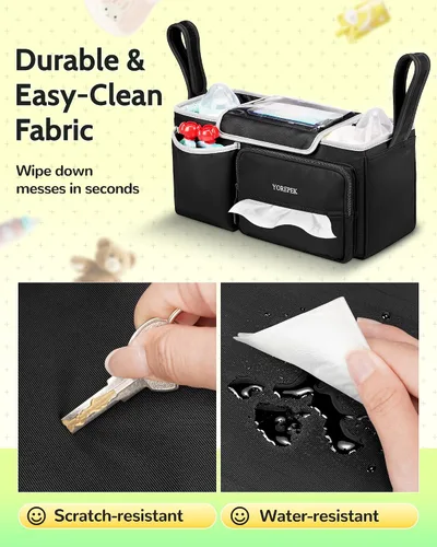 Miniatura 9 de YOREPEK Organizador de cochecito espacioso para UPPAbaby Vista/Minu/Cruz, organizador ajustable con 2 portavasos aislados, bolsa de cochecito fácil