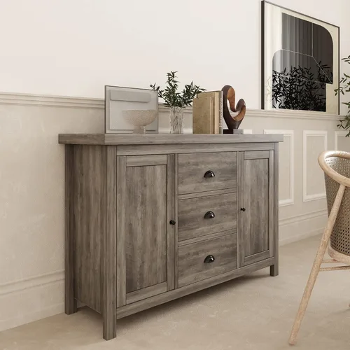 Miniatura 5 de Aparador de cocina con estructura de madera resistente, 3 cajones y 2 puertas con amplio espacio de almacenamiento en gris