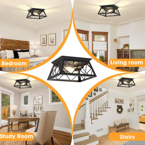 Miniatura 7 de FadimiKoo Lámpara de techo empotrada negra de 2 luces, lámpara de techo industrial para cocina de granja, lámpara de techo de jaula cuadrada