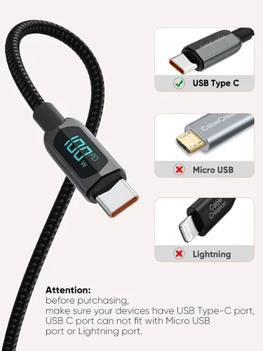 Miniatura 6 de CableCreation Cable USB C a USB C de 6.6 pies, paquete de 2 unidades PD de 100 W con pantalla LED, cable USB C duradero trenzado con pantalla