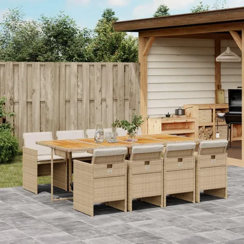 9 Piece Patio Dining Set with Cream Cushions Beige Poly Rattan Table and 8 Foldable Chairs for Backyard Garden Dining Beige/Wood/9 Piece