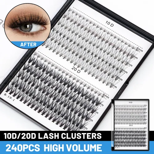Miniatura 2 de Bodermincer Extensión de pestañas 240 piezas C Curl 10D/20D Cluster 8/9/10/11/12mm, 10/11/12/13/14mm, 12/13/14/15/16mm mezcladas; pestañas postizas