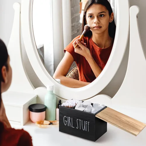 Miniatura 2 de Soporte para tampones para baño, organizador de almohadilla y tampón con tapa de bandeja, producto femenino de madera, organizador de almacenamiento